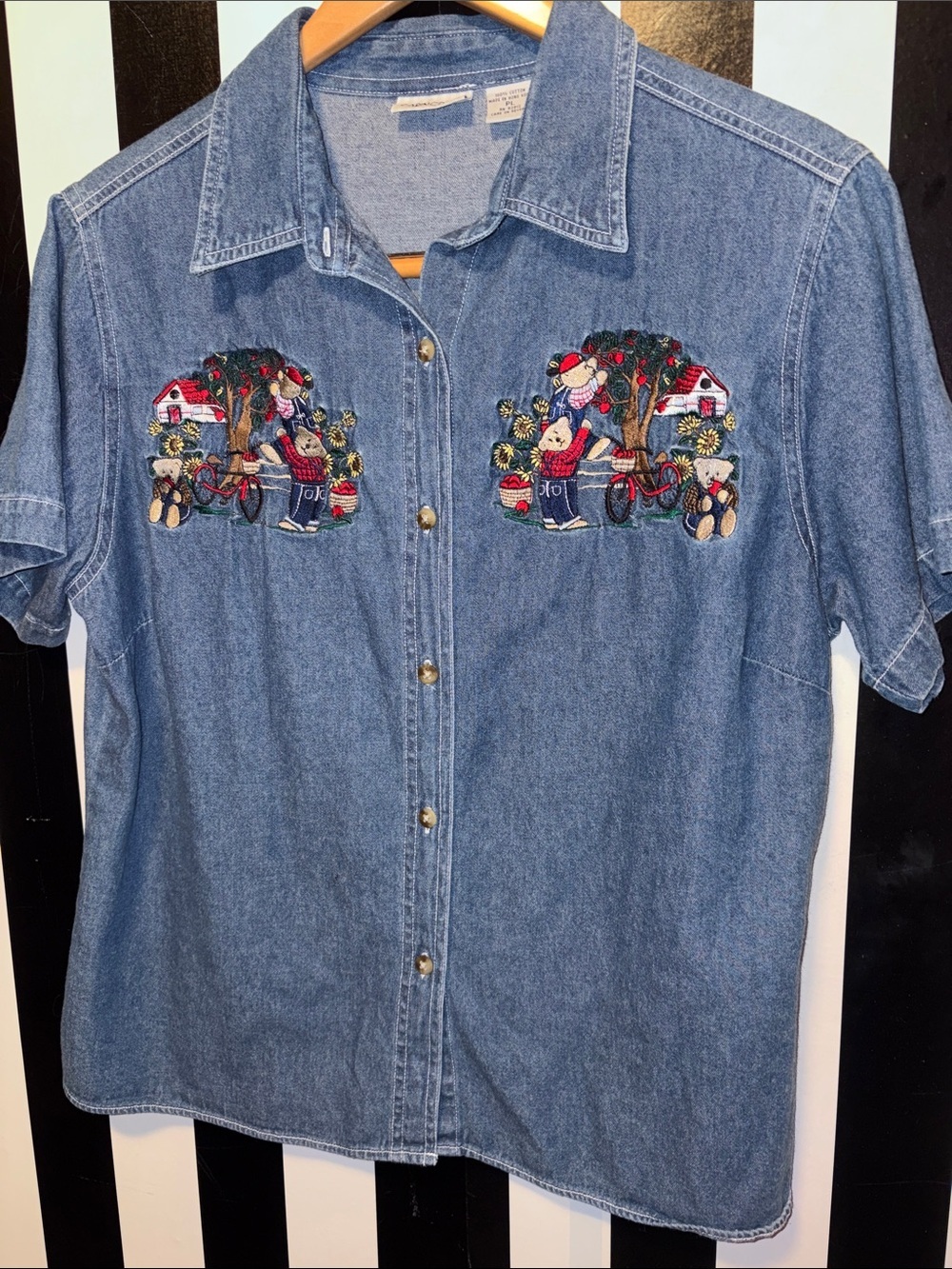 Cabin Creek Blue Denim Embroidered Teddy Bears Short Sleeve Button-Up Teacher PL